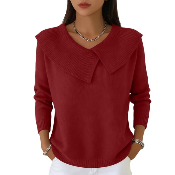 Lumtrix Shawl Collar Sweaters For Women Long Sleeve Ribbed Knit Tops Cozy Sweaters Casual Loose Pullover Winter Fashion Clothing Wine M
