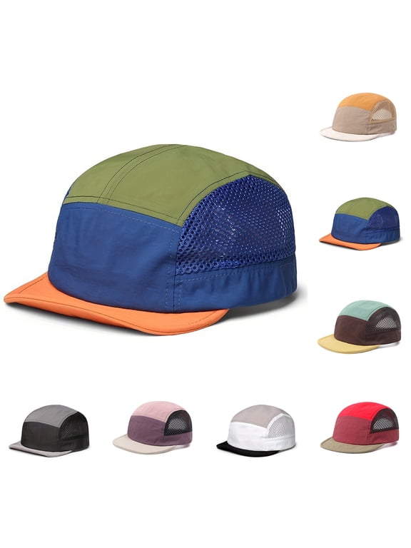 Short Brim Hats 5 Panel Color Block Baseball Caps Flat Bill Breathable Mesh Hats Green One Size