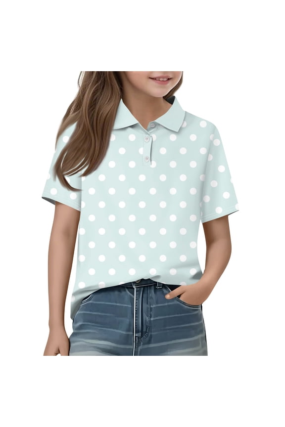 Short Sleeve Girls Tops 2025 Boho Polka Dot Cute V Neck Interlock Polo Shirts for 3-14 Years Light Blue 140