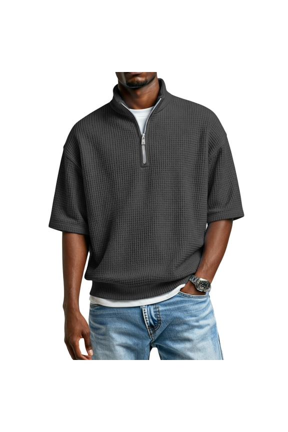 Short Sleeve Shirts for Men Quarter Zip Pullover Casual Slim Fit Stand Collar Polo Shirt Waffle Knit Tops Black S