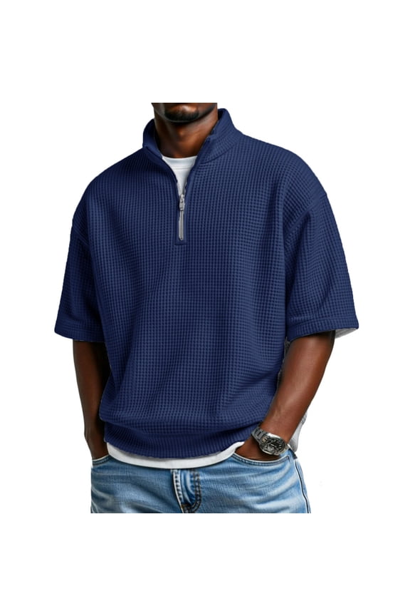 Short Sleeve Shirts for Men Quarter Zip Pullover Casual Slim Fit Stand Collar Polo Shirt Waffle Knit Tops Navy S