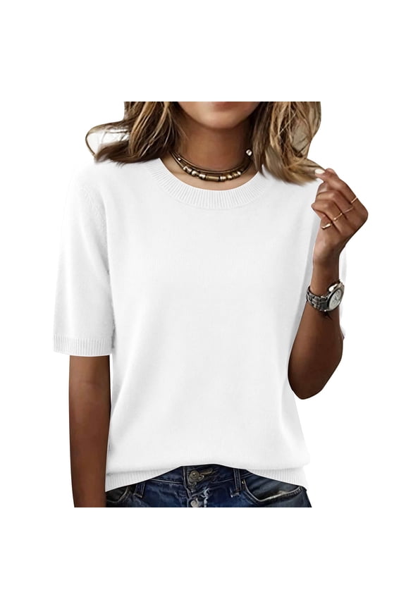 Short Sleeve Sweater For Women Crew Neck Lightweight Sweaters Spring Summer Business Casual Basic Tops White L
