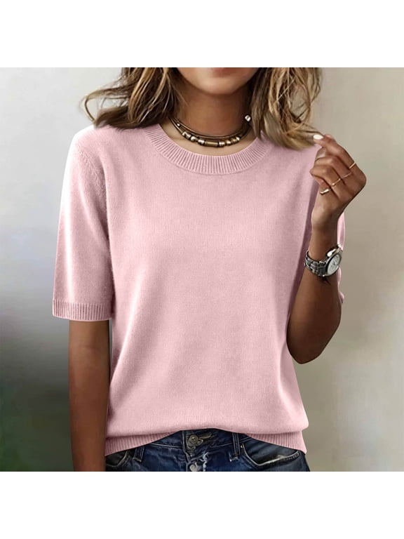 Short Sleeve Sweaters for Womens Summer Crew Neck Knit Sweater Shirts Business Casual Work Tops 2026 Spring Clothes Light pink 2XL