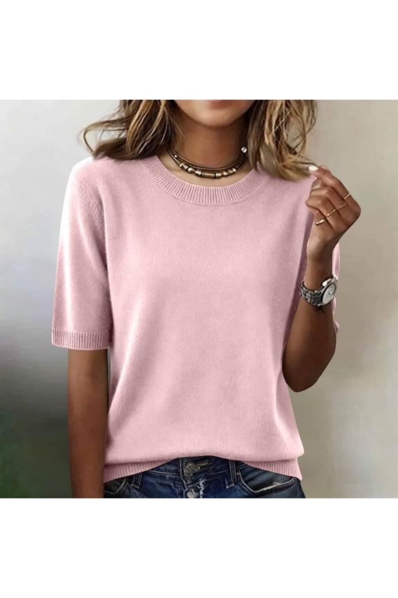 Short Sleeve Sweaters for Womens Summer Crew Neck Knit Sweater Shirts Business Casual Work Tops 2026 Spring Clothes Light pink XL