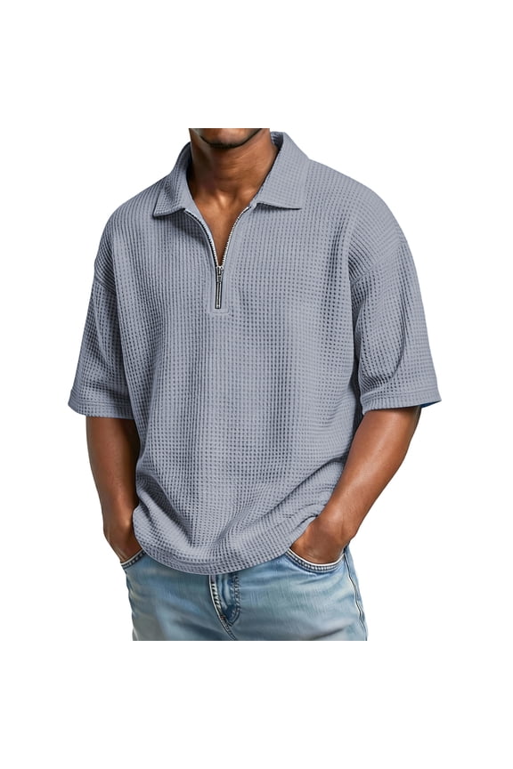 Short Sleeve Waffle Shirts For Men Quarter Zip Pullover Casual Slim Fit Stand Collar Polo Shirt Textured Knit Casual Tops Light Blue XL