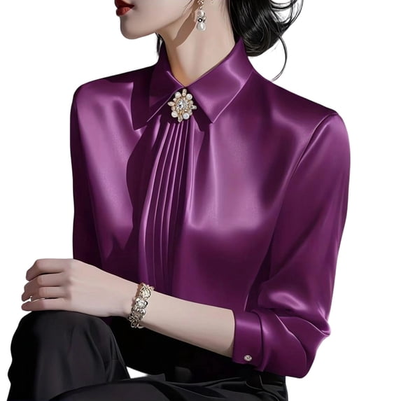 Lumtrix Silk Blouses for Women Casual Long Sleeve Shirt Lapel Neck Elegant Pleated Shirts Dressy Business Button Down Tops Purple XL
