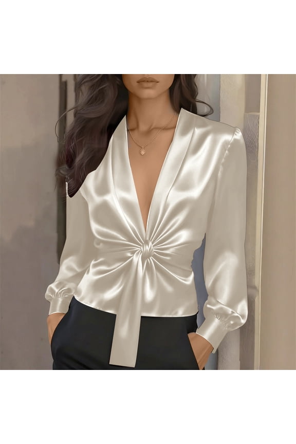Silk Satin Blouse for Women Elegant Wrap Shirt Sexy Deep V Neck Puff Long Sleeve Tie Front Belt Work Top Beige M