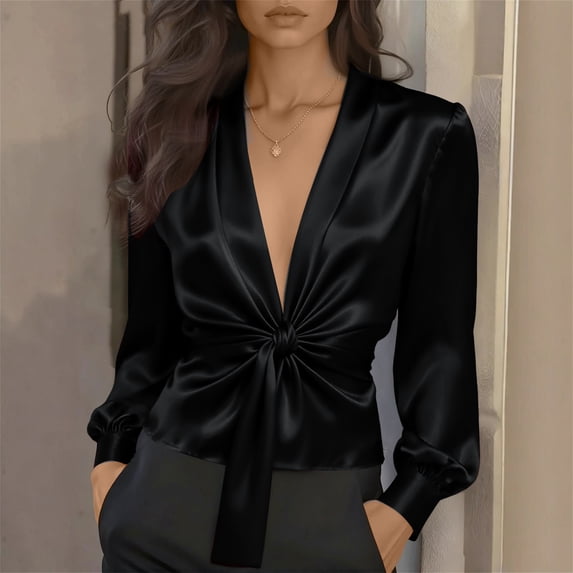 Lumtrix Silk Satin Blouse for Women Elegant Wrap Shirt Sexy Deep V Neck Puff Long Sleeve Tie Front Belt Work Top Black M