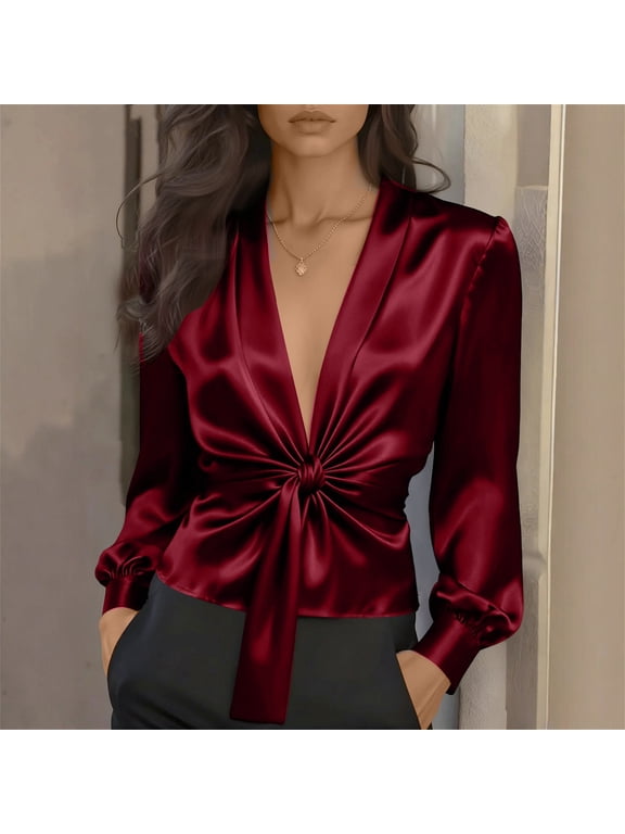 Silk Satin Blouse for Women Elegant Wrap Shirt Sexy Deep V Neck Puff Long Sleeve Tie Front Belt Work Top Wine M