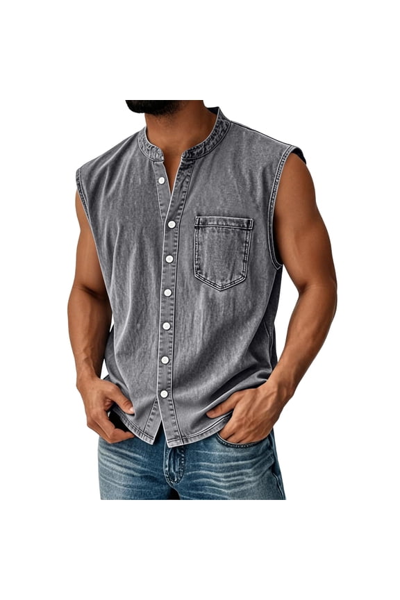 Sleeveless Shirts For Men Summer Distressed Washed Tank Tops Henley Button Down Vest Jacket Vintage Solid Muscle Tee Top Gray M