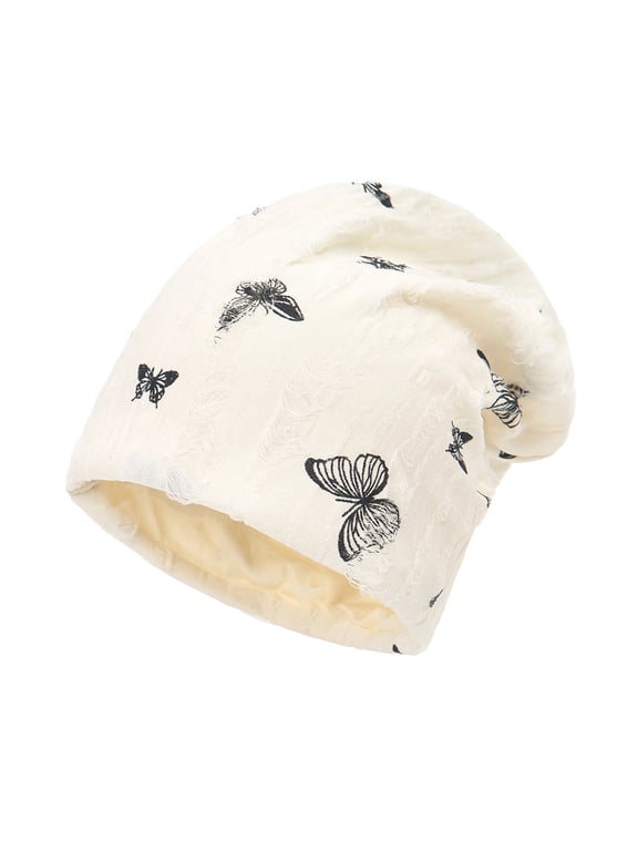 Slouchy Knit Beanie Hat For Women Chemo Hat Cancer Head Wraps Sleep Head Thin Butterfly Pattern Skull Cap Beige