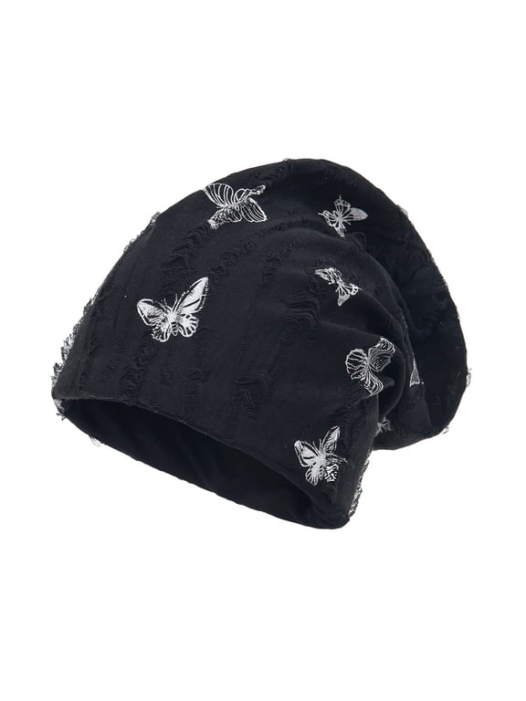 Slouchy Knit Beanie Hat For Women Chemo Hat Cancer Head Wraps Sleep Head Thin Butterfly Pattern Skull Cap Black