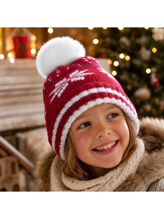 Snowflake Pattern Kids Winter Beanie With Fluffy Pom Pom Warm Fleece Lined Knit Hat For Boys And Girls Skiing Red