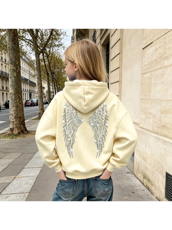 Sparkle Sequin Angel Wings Hoodie For Girls Trendy Long Sleeve Sweatshirt Baggy Sweat Shirt With Pocket Beige 110