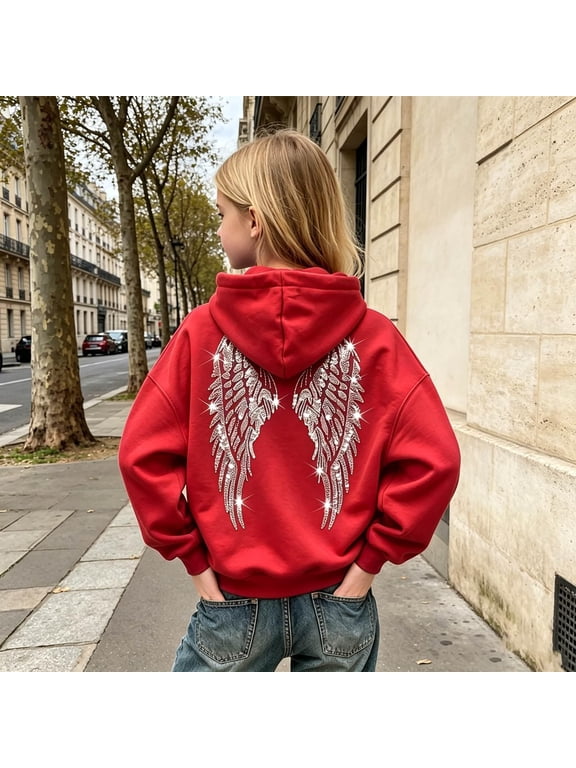 Sparkle Sequin Angel Wings Hoodie For Girls Trendy Long Sleeve Sweatshirt Baggy Sweat Shirt With Pocket Red 100