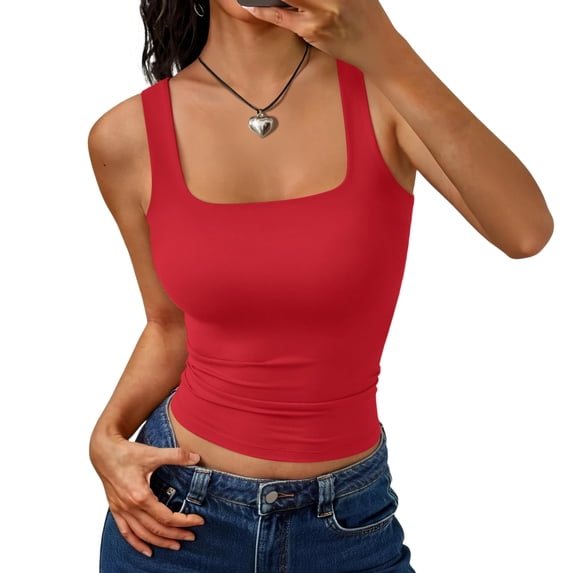 Lumtrix Square Neck Crop Top Women Teen Girls Buttery-Soft Sleeveless Casual Basic Aesthetic Going Out Tank Top Red S