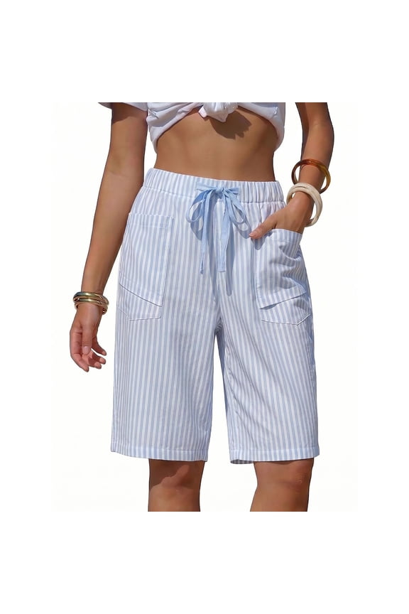 Striped Faux Linen Shorts For Women Drawstring High Waisted Bermuda Shorts Summer Casual Loose Fit Bottoms With Pocket Sky Blue XL