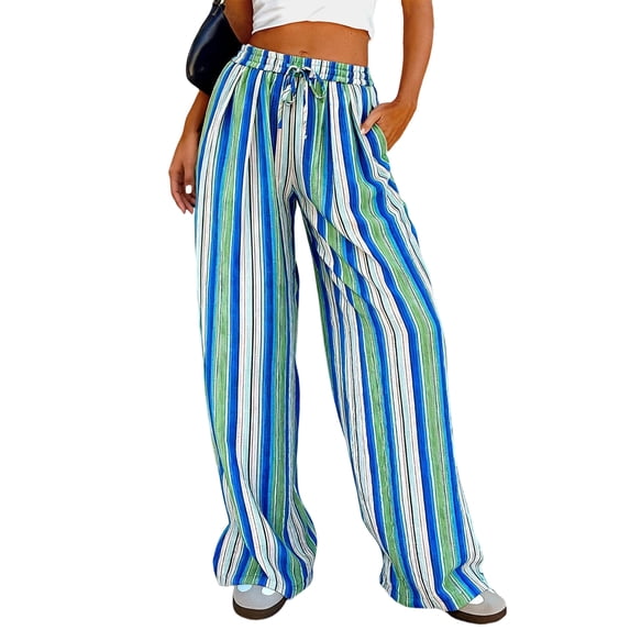 Lumtrix Striped Palazzo Pants for Women Casual Dressy Wide Leg Trousers High Waisted Boho Beach Lounge Flowy Pants Blue M