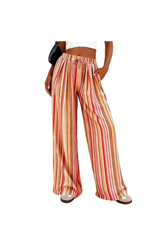 Striped Palazzo Pants for Women Casual Dressy Wide Leg Trousers High Waisted Boho Beach Lounge Flowy Pants Orange 2XL