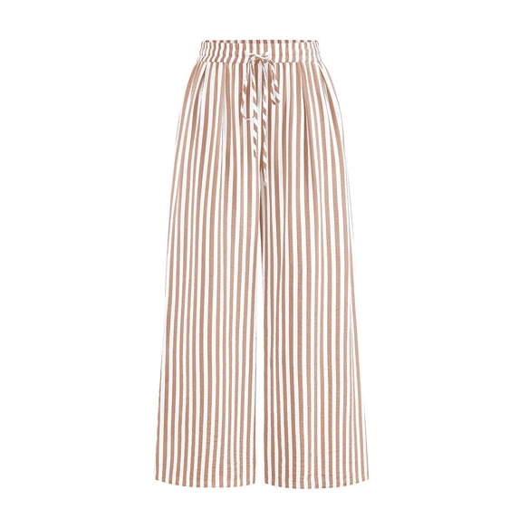 Lumtrix Striped Pants Women Summer Lounge Wide Leg Slacks Casual High Waist Trousers with Pockets Beige L