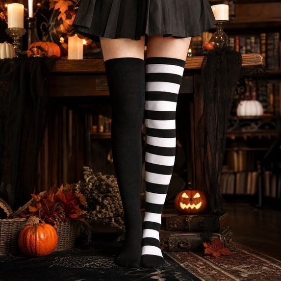 Lumtrix Striped and Solid Thigh High Socks for Women Mismatched Over the Knee Stockings Trendy Halloween Party Socks A One Size