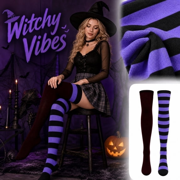 Lumtrix Striped and Solid Thigh High Socks for Women Mismatched Over the Knee Stockings Trendy Halloween Party Socks C One Size