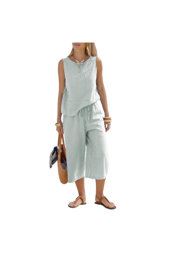 Summer Two Piece Sets Women 2026 Stiped Going Out Outfit Sleeveless Tank Top Wide Leg Capri with Pockets Pant Suit Green S