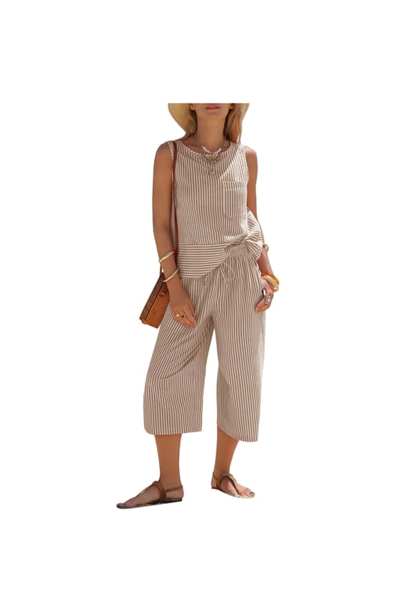 Summer Two Piece Sets Women 2026 Stiped Going Out Outfit Sleeveless Tank Top Wide Leg Capri with Pockets Pant Suit Khaki S