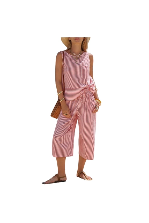 Summer Two Piece Sets Women 2026 Stiped Going Out Outfit Sleeveless Tank Top Wide Leg Capri with Pockets Pant Suit Red XL