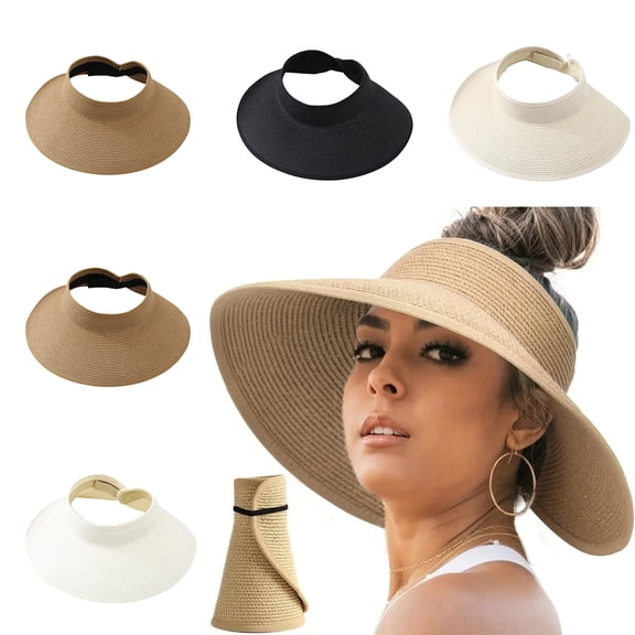 Lumtrix Sun Hats for Women Wide Brim Roll-Up Beach Ponytail Hat Packable Foldable Travel Straw Visor Khaki