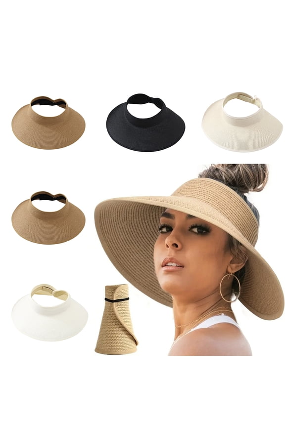 Sun Hats for Women Wide Brim Roll-Up Beach Ponytail Hat Packable Foldable Travel Straw Visor Khaki