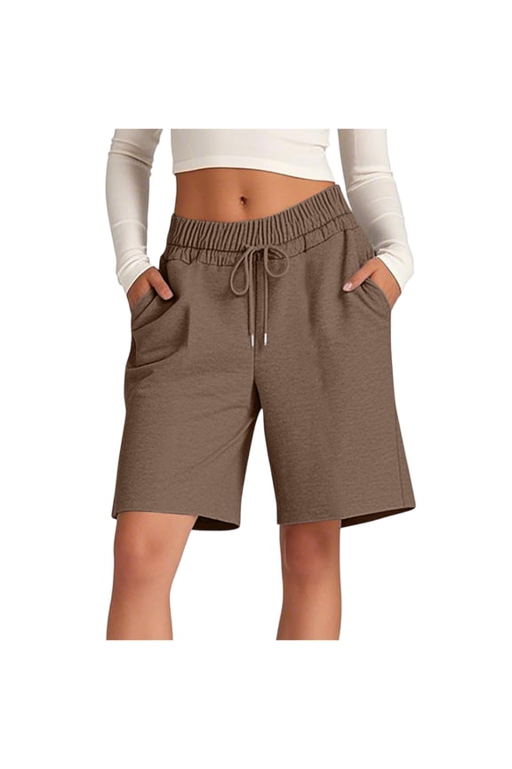 Sweat Shorts Women Cotton Running Bermuda Elastic Drawstring Waist Shorts Summer Casual Workout Athletic Long Short With Pockets Brown S