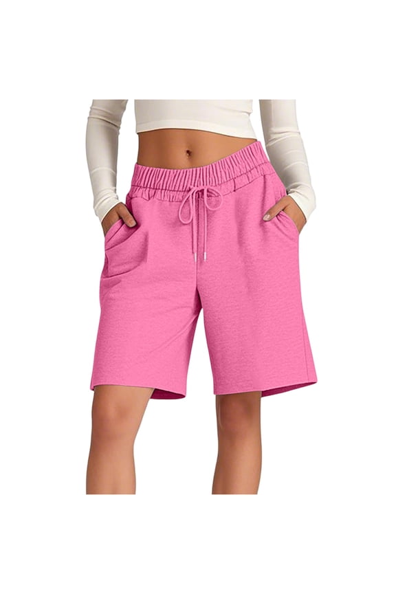 Sweat Shorts Women Cotton Running Bermuda Elastic Drawstring Waist Shorts Summer Casual Workout Athletic Long Short With Pockets Pink S