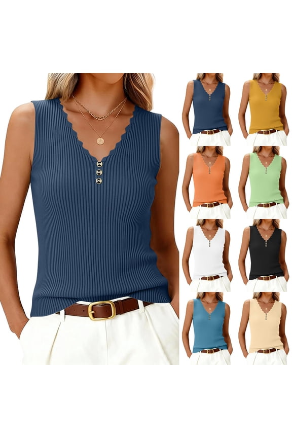 Sweater Vest for Women Scalloped V Neck Ribbed Knit Lightweight Tank Top Stretchy Slim Fitted Button Down Cami Yellow S