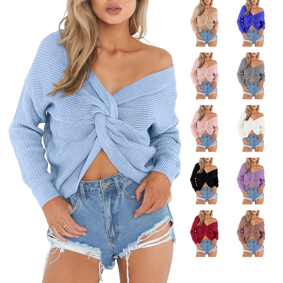 Lumtrix Sweaters For Women Casual V Neck Criss Cross Backless Long Batwing Sleeve Loose Knitted Sweater Pullovers Blue XL