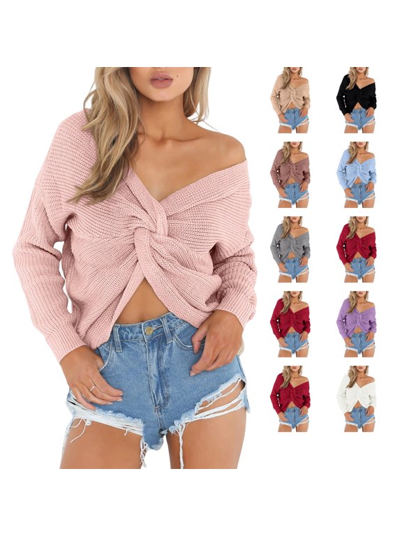 Sweaters For Women Casual V Neck Criss Cross Backless Long Batwing Sleeve Loose Knitted Sweater Pullovers Pink L