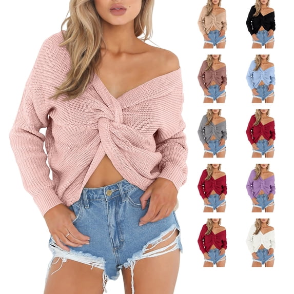 Lumtrix Sweaters For Women Casual V Neck Criss Cross Backless Long Batwing Sleeve Loose Knitted Sweater Pullovers Pink S