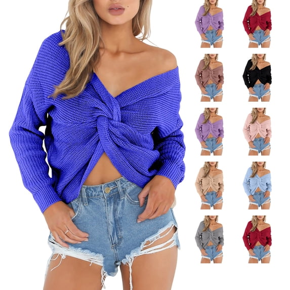 Lumtrix Sweaters For Women Casual V Neck Criss Cross Backless Long Batwing Sleeve Loose Knitted Sweater Pullovers Sky Blue L