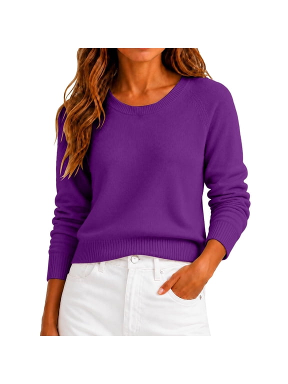 Sweaters For Women Fall Winter Lounge Long Sleeve Crewneck Knit Pullover Tops Loose Fit Cozy Business Casual Sweatshirt Purple XL