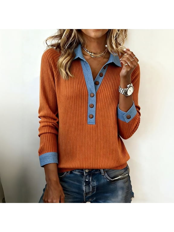Sweaters For Women Trendy Denim Collar V Neck Long Sleeve Shirts Casual Lightweight Ribbed Knit Pullover Vintage Tops Saffron XL