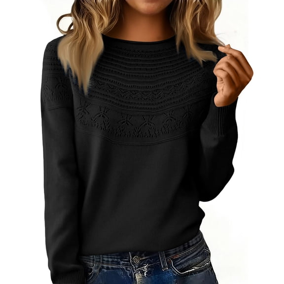 Lumtrix Sweaters for Women Long Sleeve Tops Soft Knit Crew Neck Pullover Hollow Out Sweater Lightweight Crochet 2026 Fall Clothes Black 2XL