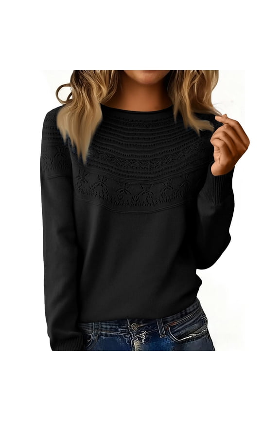 Sweaters for Women Long Sleeve Tops Soft Knit Crew Neck Pullover Hollow Out Sweater Lightweight Crochet 2026 Fall Clothes Black L
