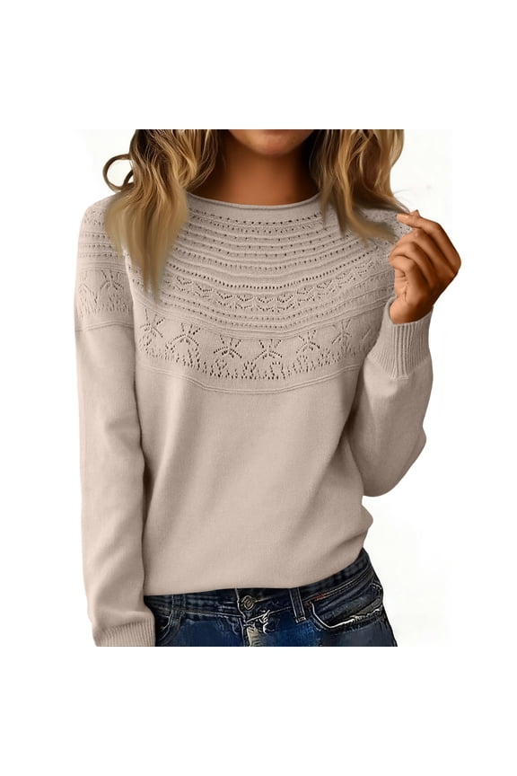 Sweaters for Women Long Sleeve Tops Soft Knit Crew Neck Pullover Hollow Out Sweater Lightweight Crochet 2026 Fall Clothes Khaki L