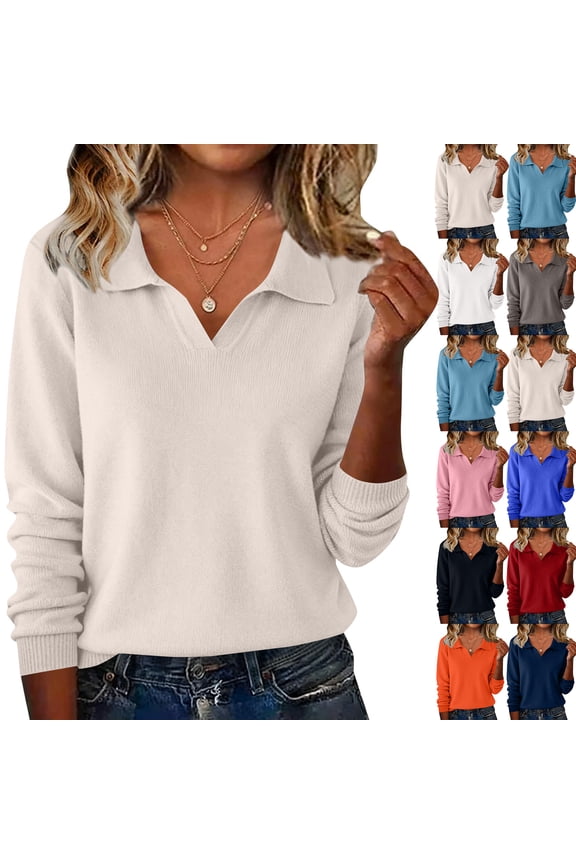 Sweaters for Women Long Sleeve V Neck Collar Warm Soft Knit Pullover Loose Casual 2026 Fall Winter Tops Collared Shirt Pink S