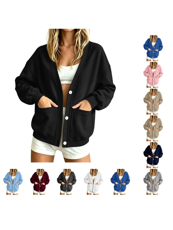 Sweatshirt Cardigan Women Lightweight Button Down Fleece Jacket V-Neck Open Front Oversized Drop Shoulder Home Lounge Sweatshir Black L