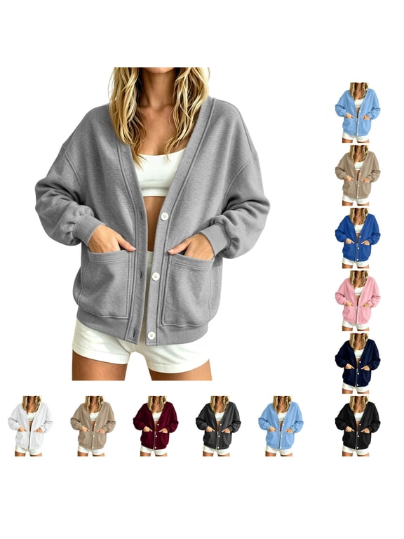 Sweatshirt Cardigan Women Lightweight Button Down Fleece Jacket V-Neck Open Front Oversized Drop Shoulder Home Lounge Sweatshir Gray XL