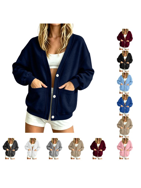 Sweatshirt Cardigan Women Lightweight Button Down Fleece Jacket V-Neck Open Front Oversized Drop Shoulder Home Lounge Sweatshir Navy S