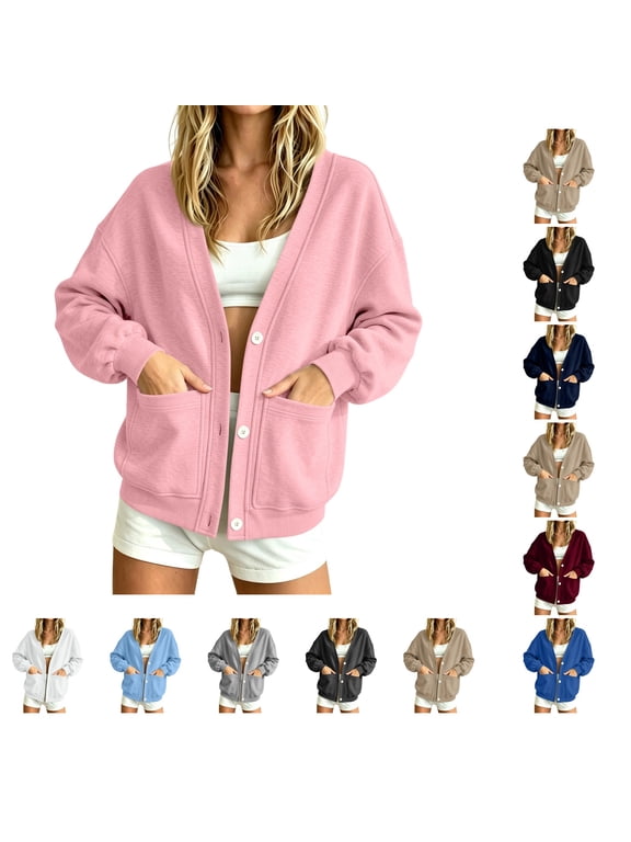 Sweatshirt Cardigan Women Lightweight Button Down Fleece Jacket V-Neck Open Front Oversized Drop Shoulder Home Lounge Sweatshir Pink S