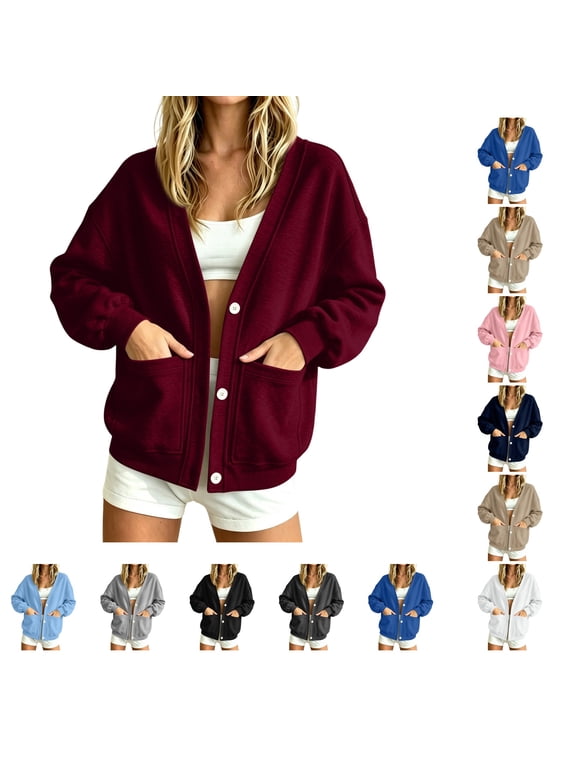 Sweatshirt Cardigan Women Lightweight Button Down Fleece Jacket V-Neck Open Front Oversized Drop Shoulder Home Lounge Sweatshir Wine L