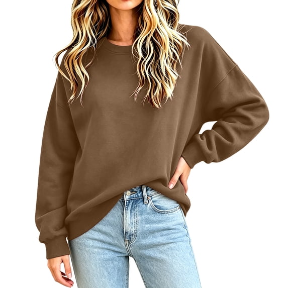 Lumtrix Sweatshirt For Women Crewneck Long Sleeve Loose Fit Pullover Fall Fashion Soild Color Tops 2026 Brown XL